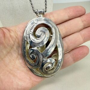 Oval Filigree Scroll Pendant Necklace Bold Statement Long Length Silver Tone